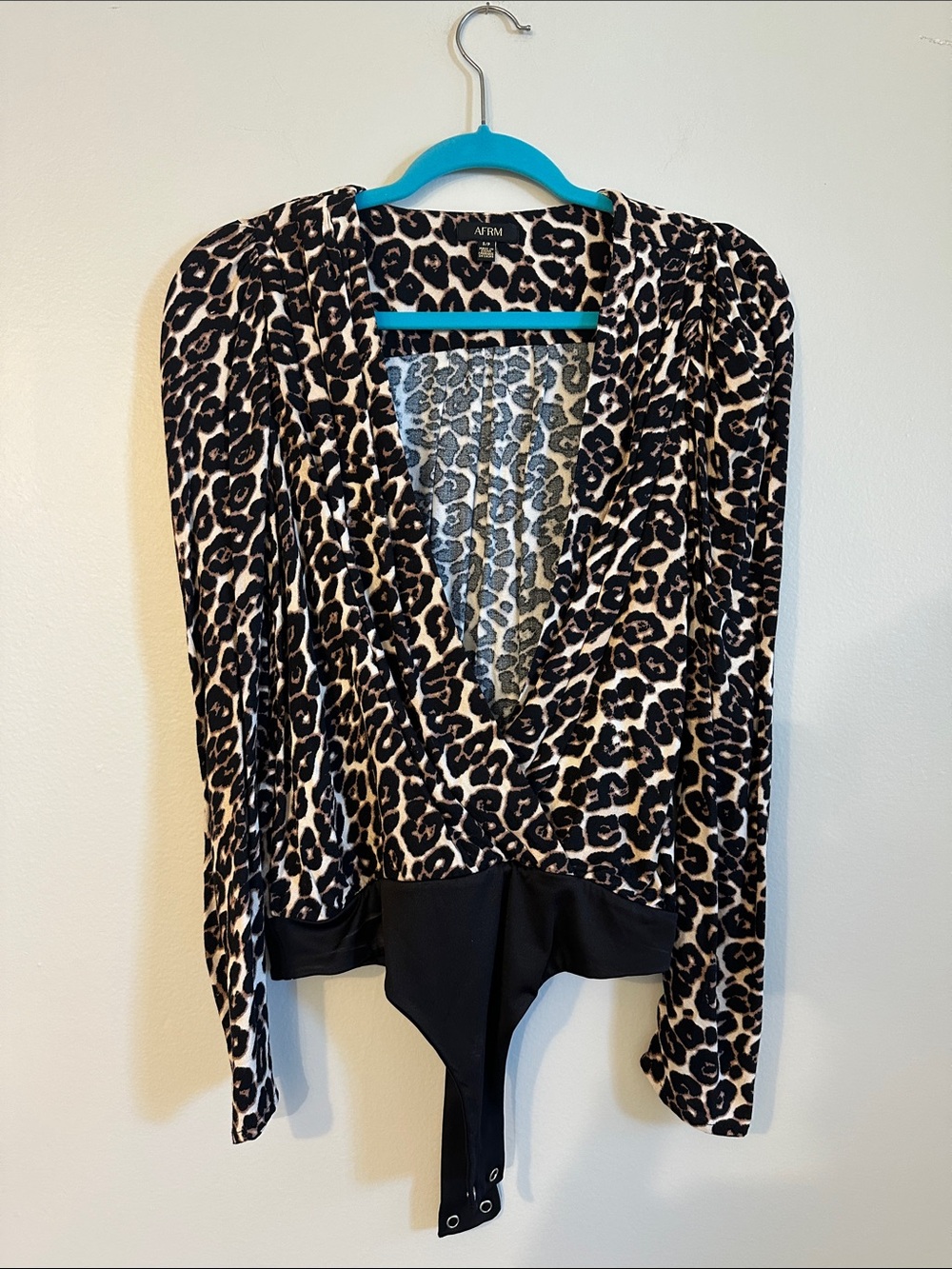 AFRM Leopard-Print Long Sleeve V-Neck Bodysuit in Black & Cream